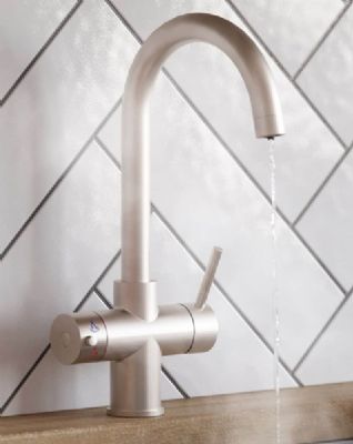 EVO AVISTA/310 SERIES 3 IN 1 BRUSHED NICKEL BOILING WATER MONO DUAL LEVER SWAN NECK SHAPED KITCHEN SINK MIXER TAP, SWIVEL SPOUT with PUSH BUTTON TANK, BWT312BN